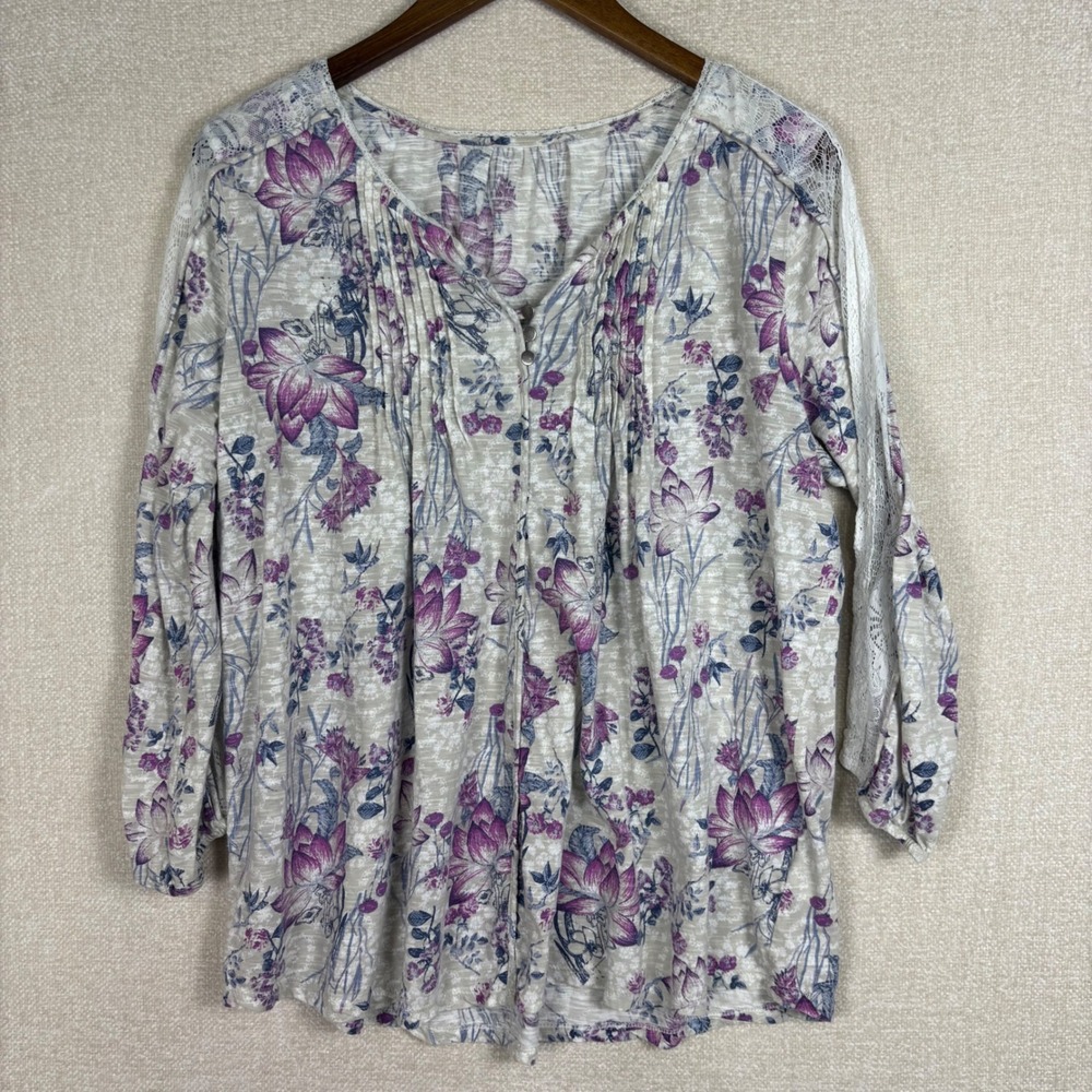 WPL8046 Womens Purple Floral Lace Trim Pintuck Pleated 3/4 Sleeve Blouse Top